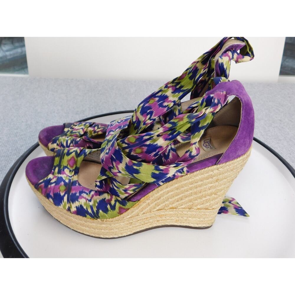 UGG Lucianna Marrakech Silk Purple Print Ankle Bow Wedge Espadrilles Women's 8
